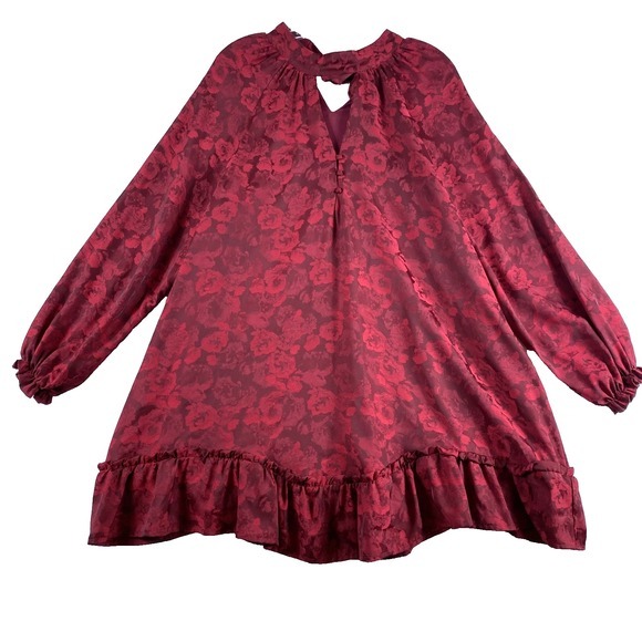 Anthropologie g. p. d. Jacquard Tunic‎ Mini Dress Sz M Red Floral Flutter Date - Picture 3 of 12